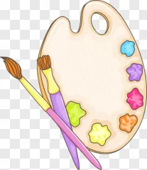 A colorful paint palette with two brushes on a transparent background.
