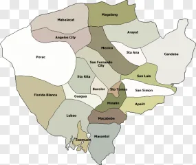 A detailed map of Pampanga province with labeled municipal boundaries in beige, green, brown, and white on a transparent background.