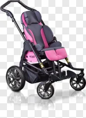 A pink and black special needs stroller is shown on a transparent background.