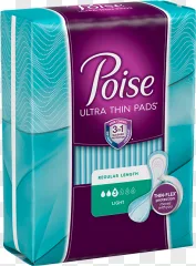 Poise ultra thin pads packaging displayed on a transparent background.