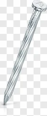 A realistic silver metal nail stands upright on a transparent background.