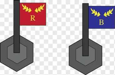 Two flag poles with red and blue banners featuring gold laurel wreaths on a transparent background.