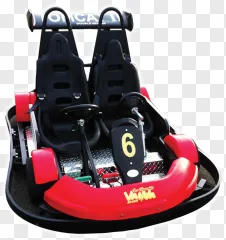 A red double seater go-kart with black seats and a number 6 on a transparent background.