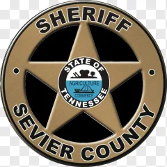 A gold sheriff star badge with the Sevier County and Tennessee state seal on a transparent background.