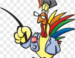 A smart cartoon turkey teacher wearing glasses and a graduation cap points with a stick on a transparent background.