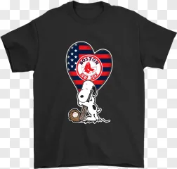 Snoopy holding a baseball bat with a Boston Red Sox heart emblem on a transparent background.