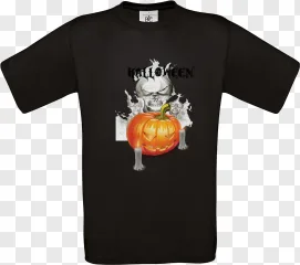 Spooky Halloween t-shirt design with skull and pumpkin shown on a transparent background.
