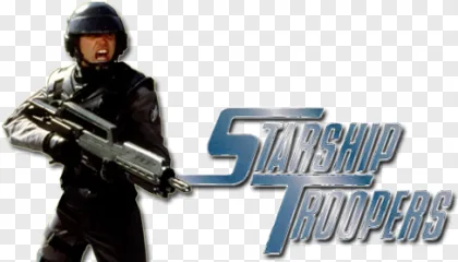 A Starship Trooper soldier holding a rifle stands ready on a transparent background.