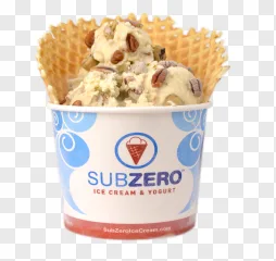 A delicious Sub Zero ice cream scoop in a waffle cone cup on a transparent background.