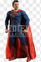 A realistic Superman action figure wearing a blue suit and red cape on a transparent background.