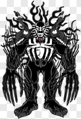 A menacing three-headed symbiote monster illustration is shown on a transparent background.