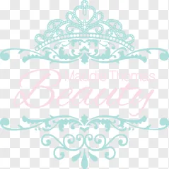 An elegant teal ornamental crown logo with pink script text on a transparent background.