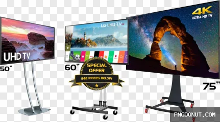 Transparent PNG of 4K UHD televisions on stands with a special offer banner.