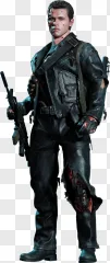 A battle-damaged Terminator action figure holding a rifle on a transparent background.