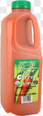 A plastic bottle of Trader Joe's organic carrot juice on a transparent background.