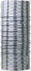 Tubular neck gaiter with a reptile scale pattern displayed on a transparent background.