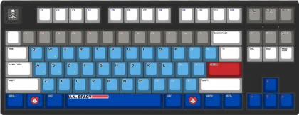 A futuristic UN Spacy keyboard with blue and red keys on a transparent background.