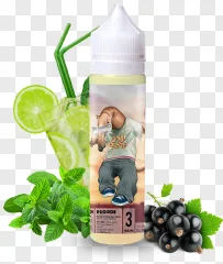 A vape e-liquid bottle featuring a cartoon character, lime, mint, and blackcurrant is displayed on a transparent background.