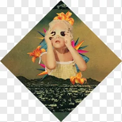 Vintage collage art featuring a girl and cityscape on a transparent background.