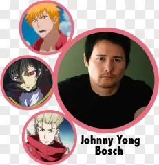 Voice actor and anime character portraits on a transparent background.