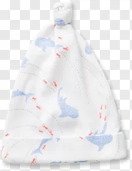 A white baby hat with a blue whale print on a transparent background.