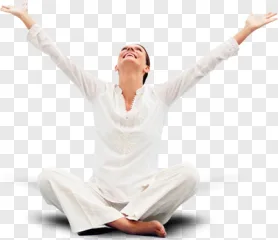 Woman meditating in white yoga attire on a transparent background.