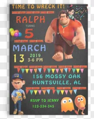 Wreck-It Ralph birthday party invitation on a transparent background.